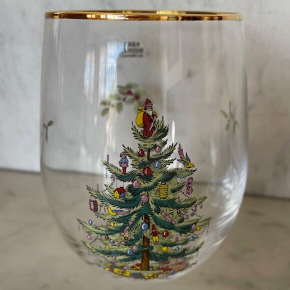SPODE Christmas Tree Pattern Gold Rimm Stemless Wine Glass - Picture 1 of 10